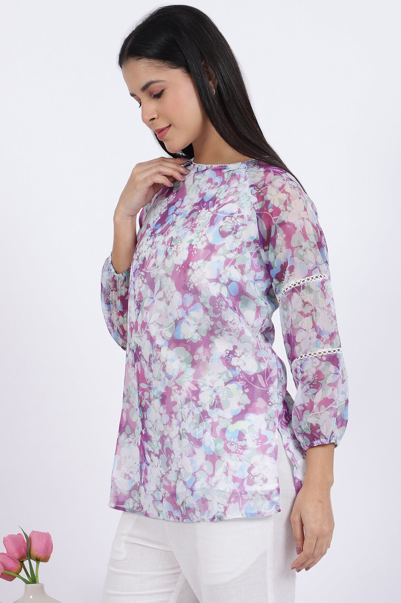 W for Woman Multicoloured Floral Printed Straight Polyester Top | Grocsy