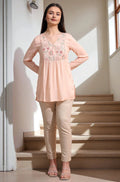 W for Woman Pastel Pink Thread Embroidered Gathered Swiss Dot Ethnic Top | Grocsy