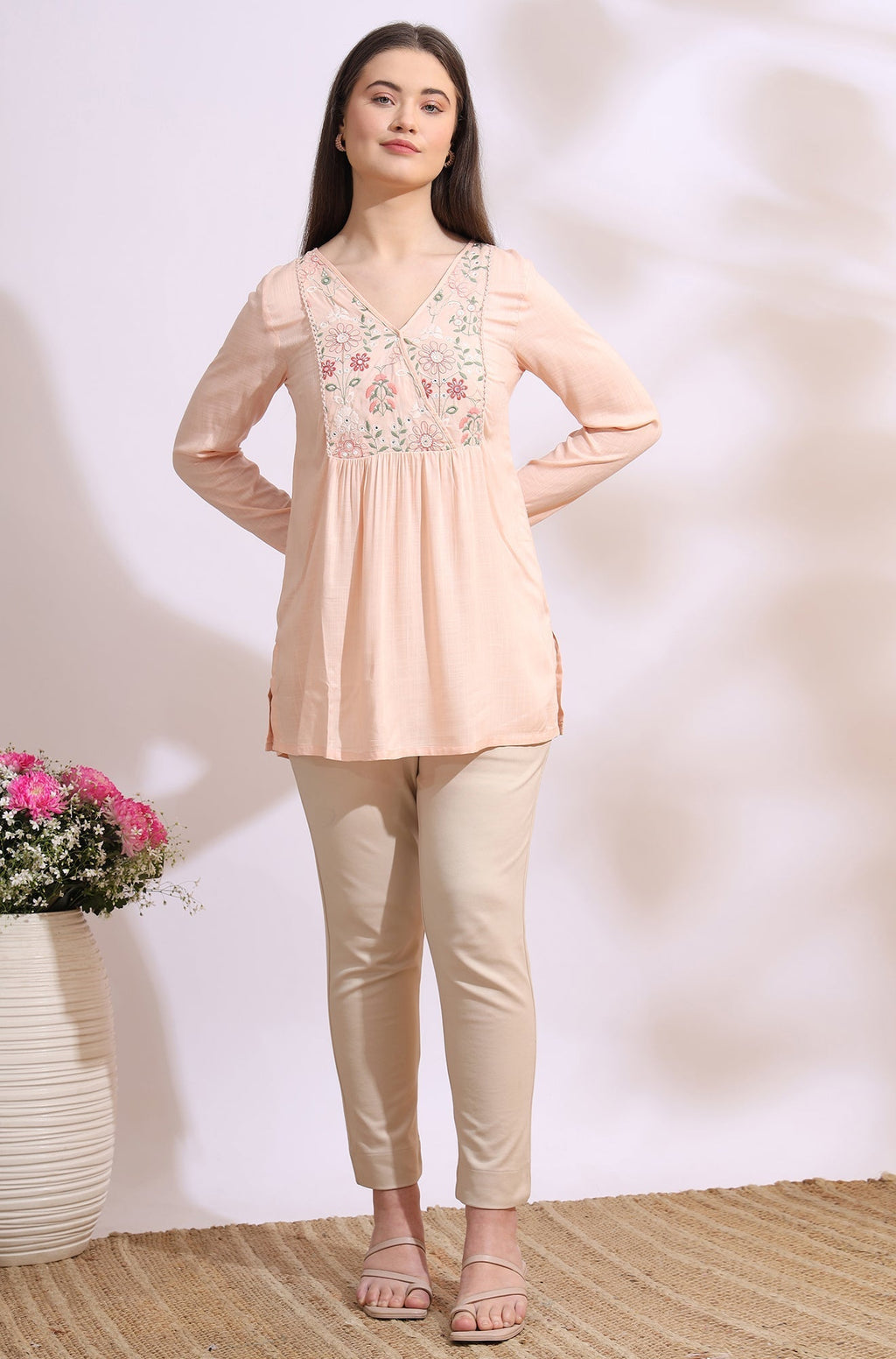 W for Woman Pastel Pink Thread Embroidered Gathered Swiss Dot Ethnic Top | Grocsy