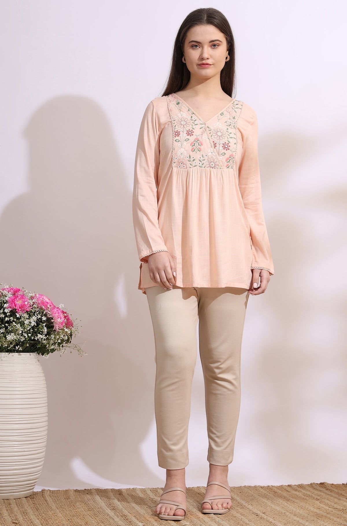 W for Woman Pastel Pink Thread Embroidered Gathered Swiss Dot Ethnic Top | Grocsy