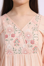 W for Woman Pastel Pink Thread Embroidered Gathered Swiss Dot Ethnic Top | Grocsy