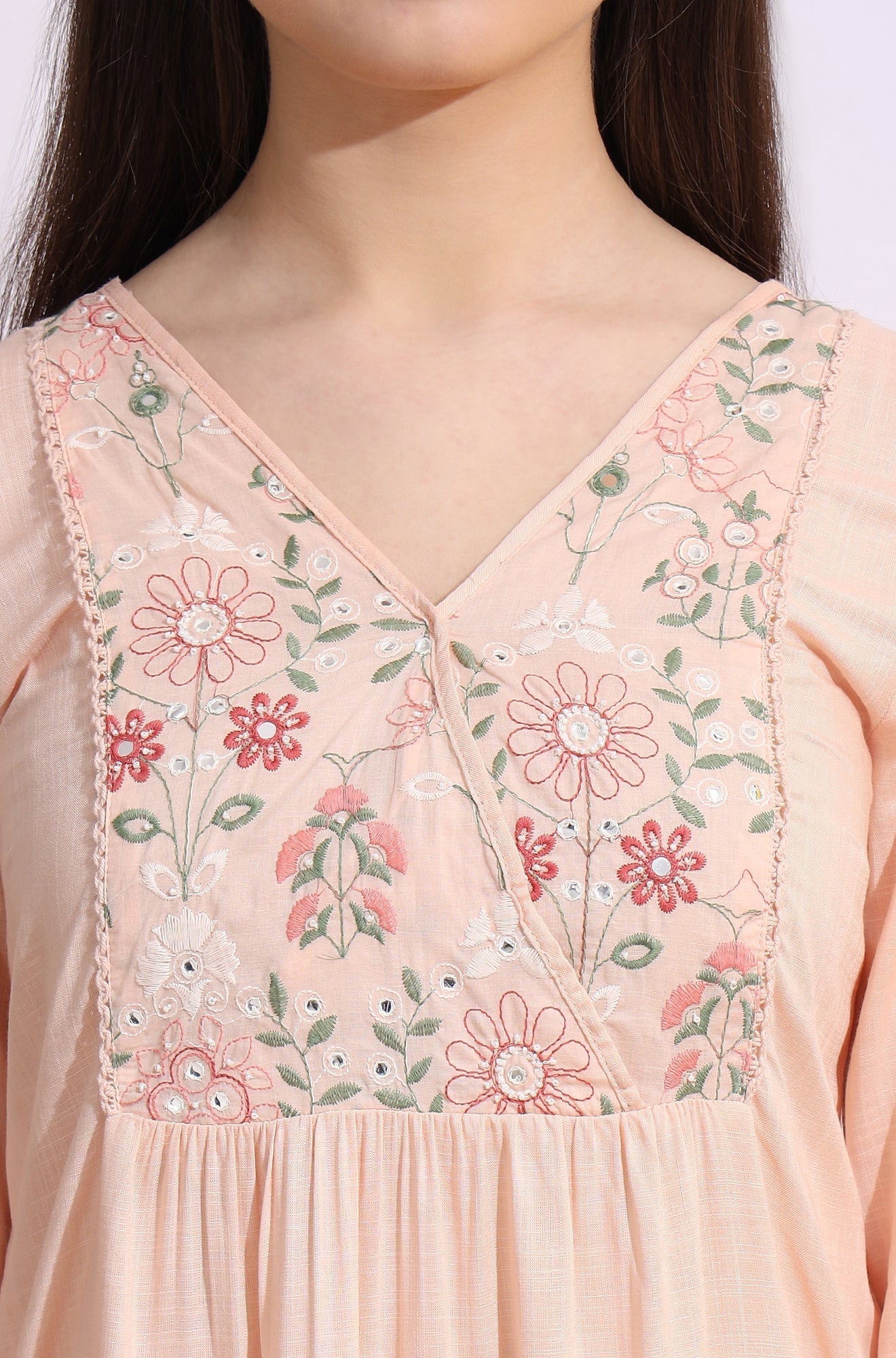 W for Woman Pastel Pink Thread Embroidered Gathered Swiss Dot Ethnic Top | Grocsy
