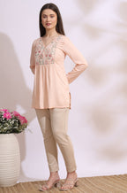 W for Woman Pastel Pink Thread Embroidered Gathered Swiss Dot Ethnic Top | Grocsy