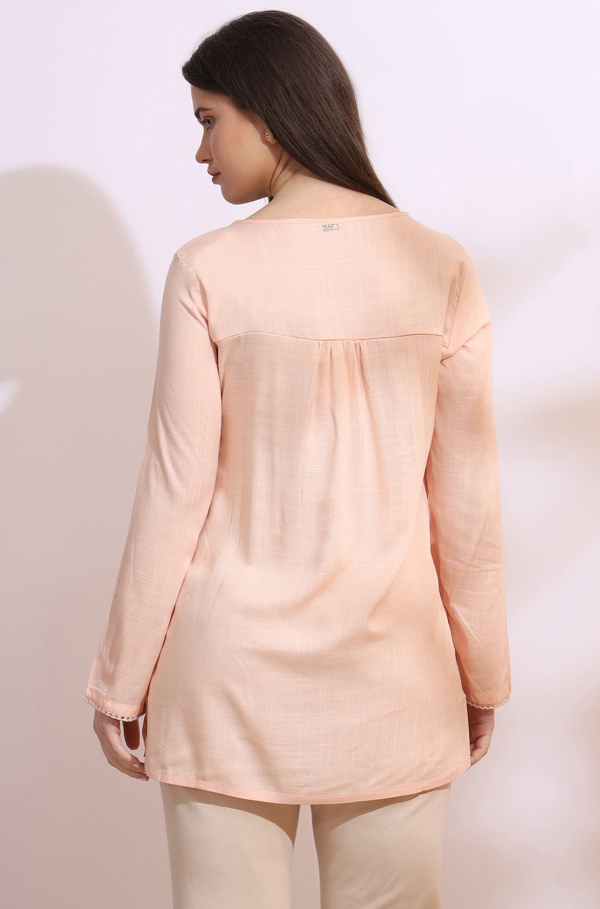 W for Woman Pastel Pink Thread Embroidered Gathered Swiss Dot Ethnic Top | Grocsy
