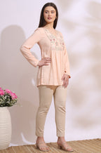 W for Woman Pastel Pink Thread Embroidered Gathered Swiss Dot Ethnic Top | Grocsy