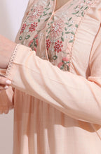 W for Woman Pastel Pink Thread Embroidered Gathered Swiss Dot Ethnic Top | Grocsy