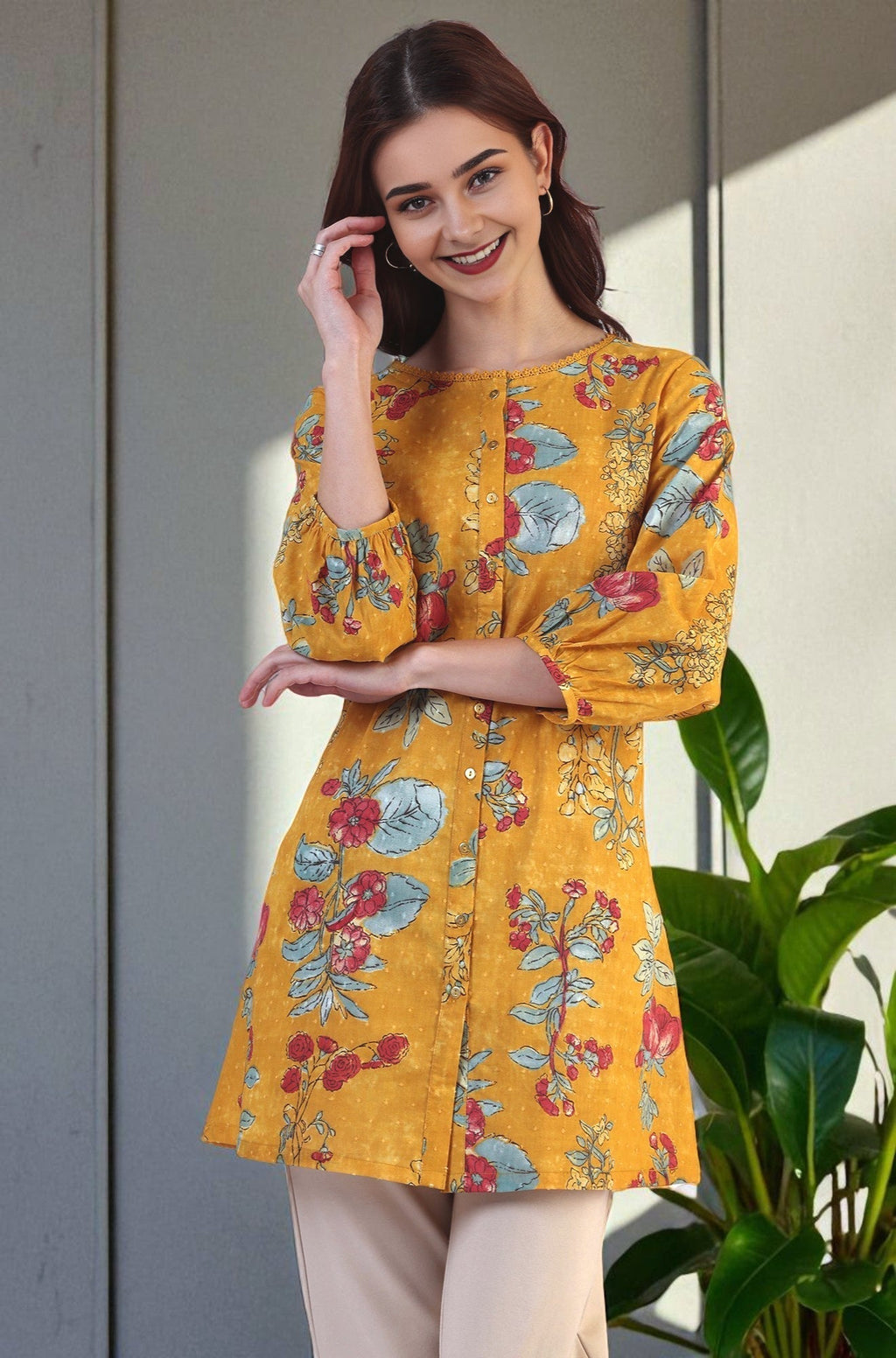 W for Woman Mustard Floral Printed Button Down Pure Cotton Top | Grocsy