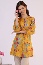 W for Woman Mustard Floral Printed Button Down Pure Cotton Top | Grocsy