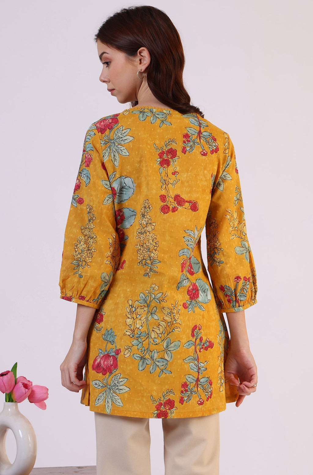 W for Woman Mustard Floral Printed Button Down Pure Cotton Top | Grocsy