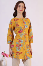 W for Woman Mustard Floral Printed Button Down Pure Cotton Top | Grocsy