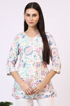 W for Woman White Floral Printed Rayon Summer Tunic with Lace | Grocsy