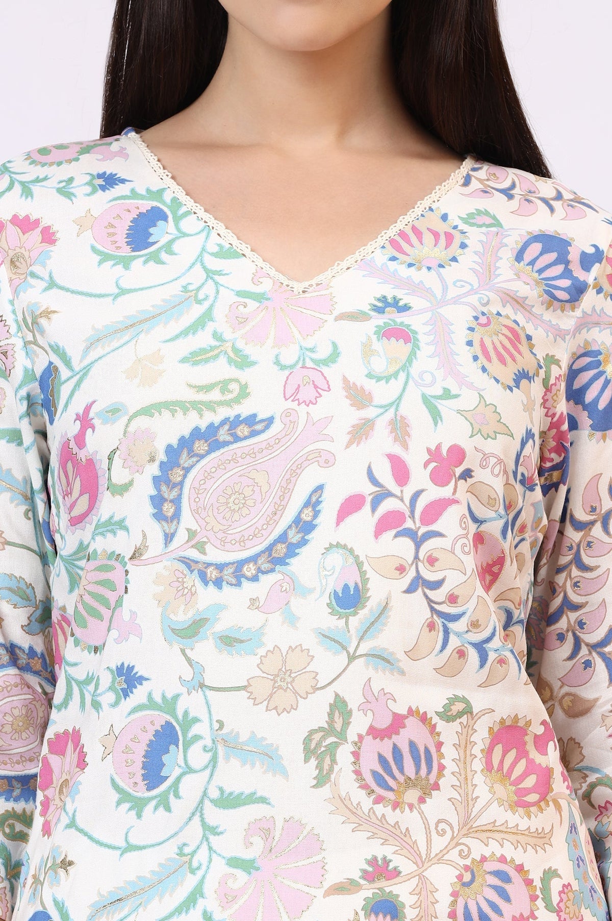 W for Woman White Floral Printed Rayon Summer Tunic with Lace | Grocsy