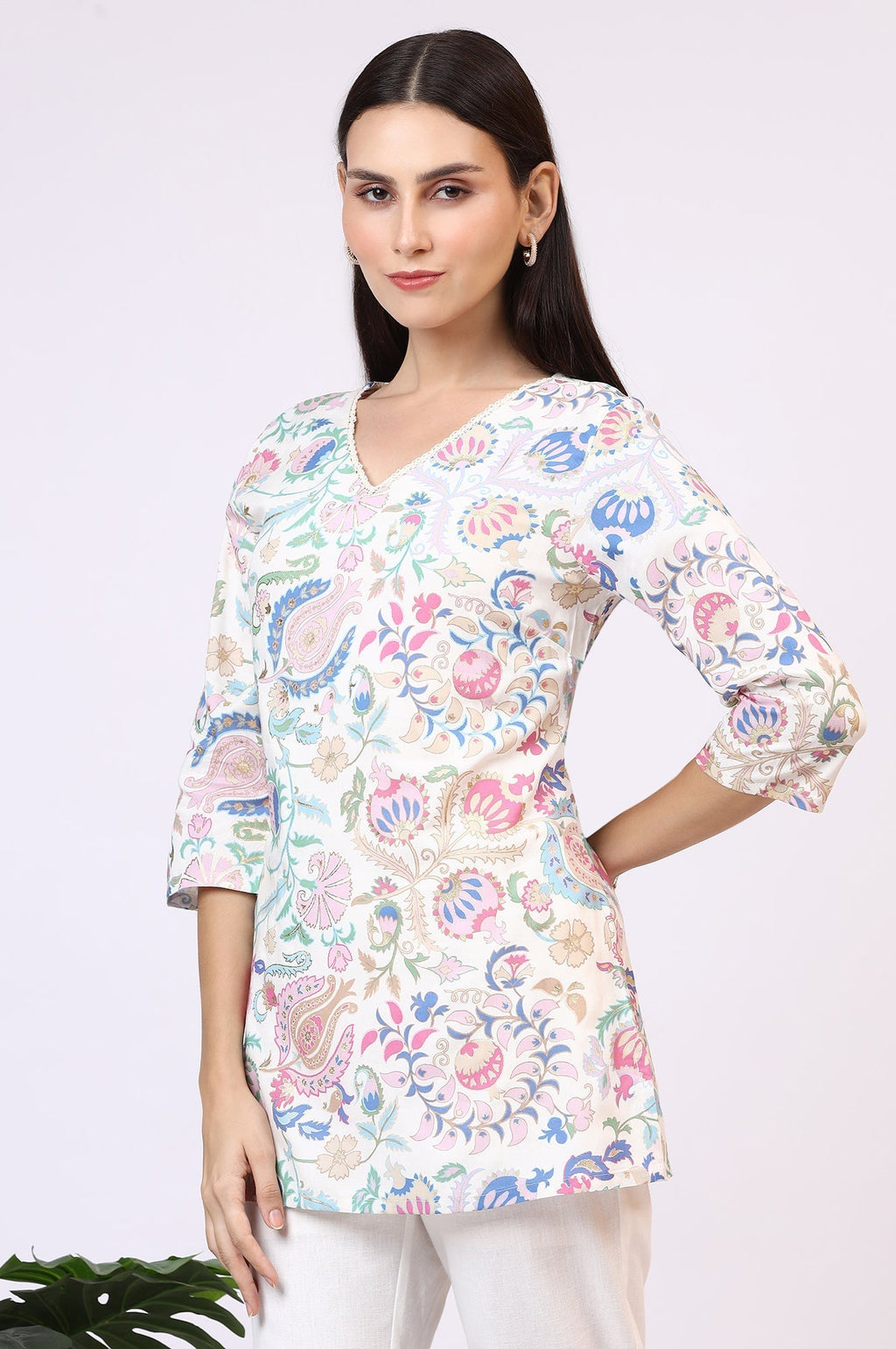 W for Woman White Floral Printed Rayon Summer Tunic with Lace | Grocsy