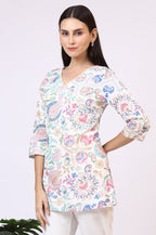 W for Woman White Floral Printed Rayon Summer Tunic with Lace | Grocsy
