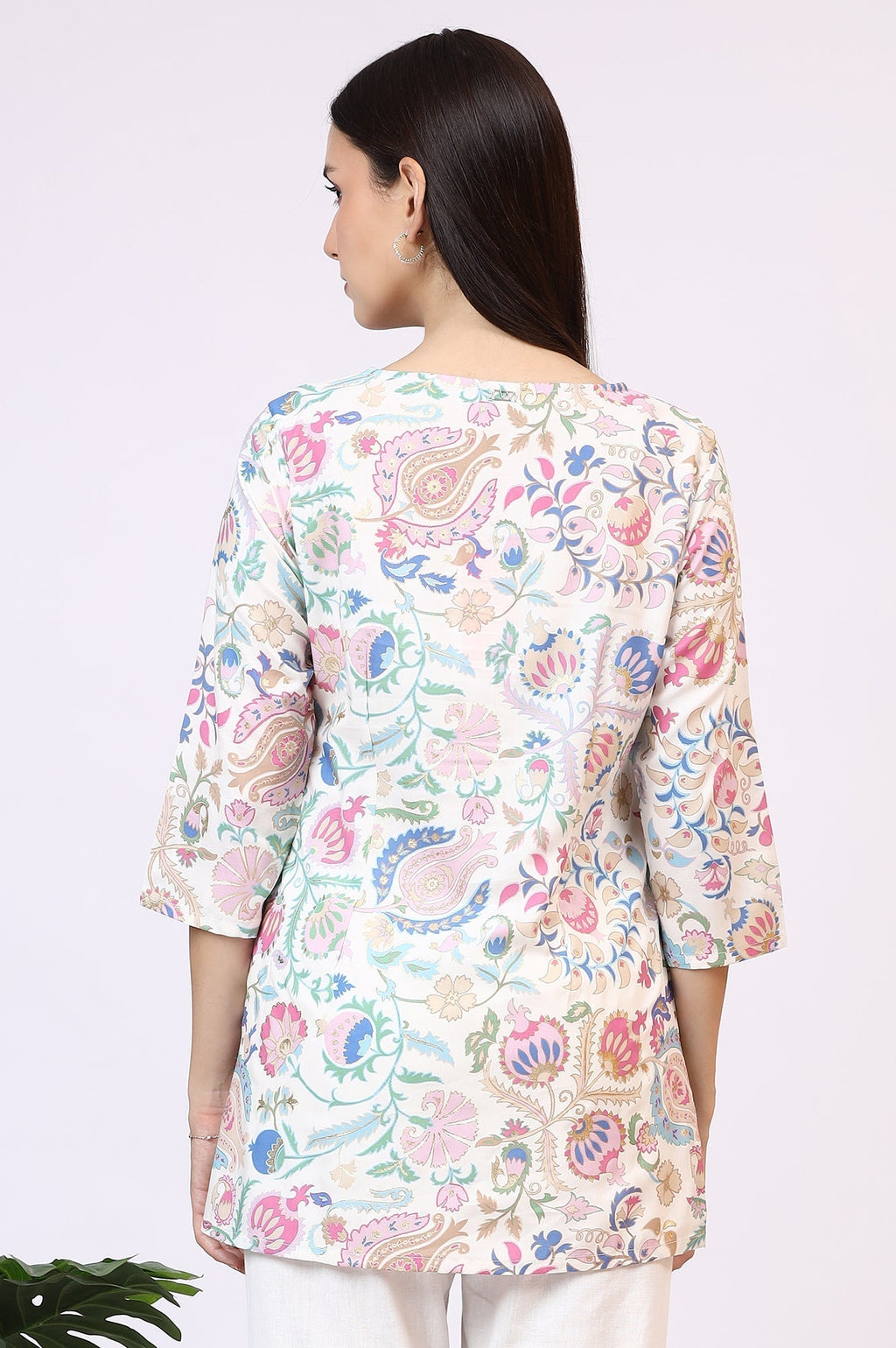W for Woman White Floral Printed Rayon Summer Tunic with Lace | Grocsy