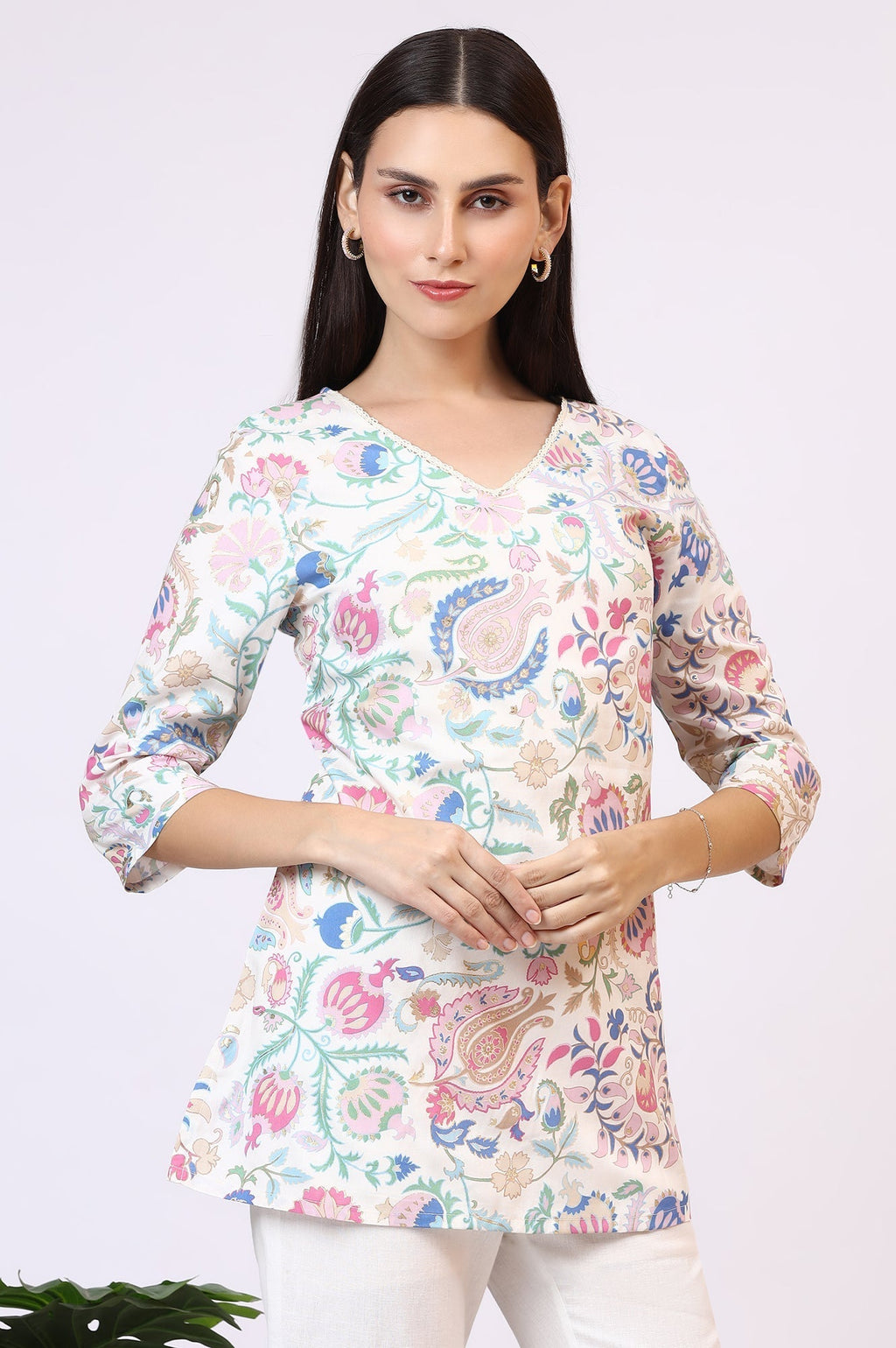 W for Woman White Floral Printed Rayon Summer Tunic with Lace | Grocsy