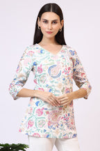 W for Woman White Floral Printed Rayon Summer Tunic with Lace | Grocsy
