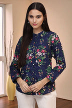 W for Woman Navy Blue Floral Printed Pure Cotton Ethnic Shirt | Grocsy