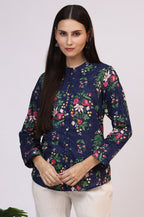 W for Woman Navy Blue Floral Printed Pure Cotton Ethnic Shirt | Grocsy