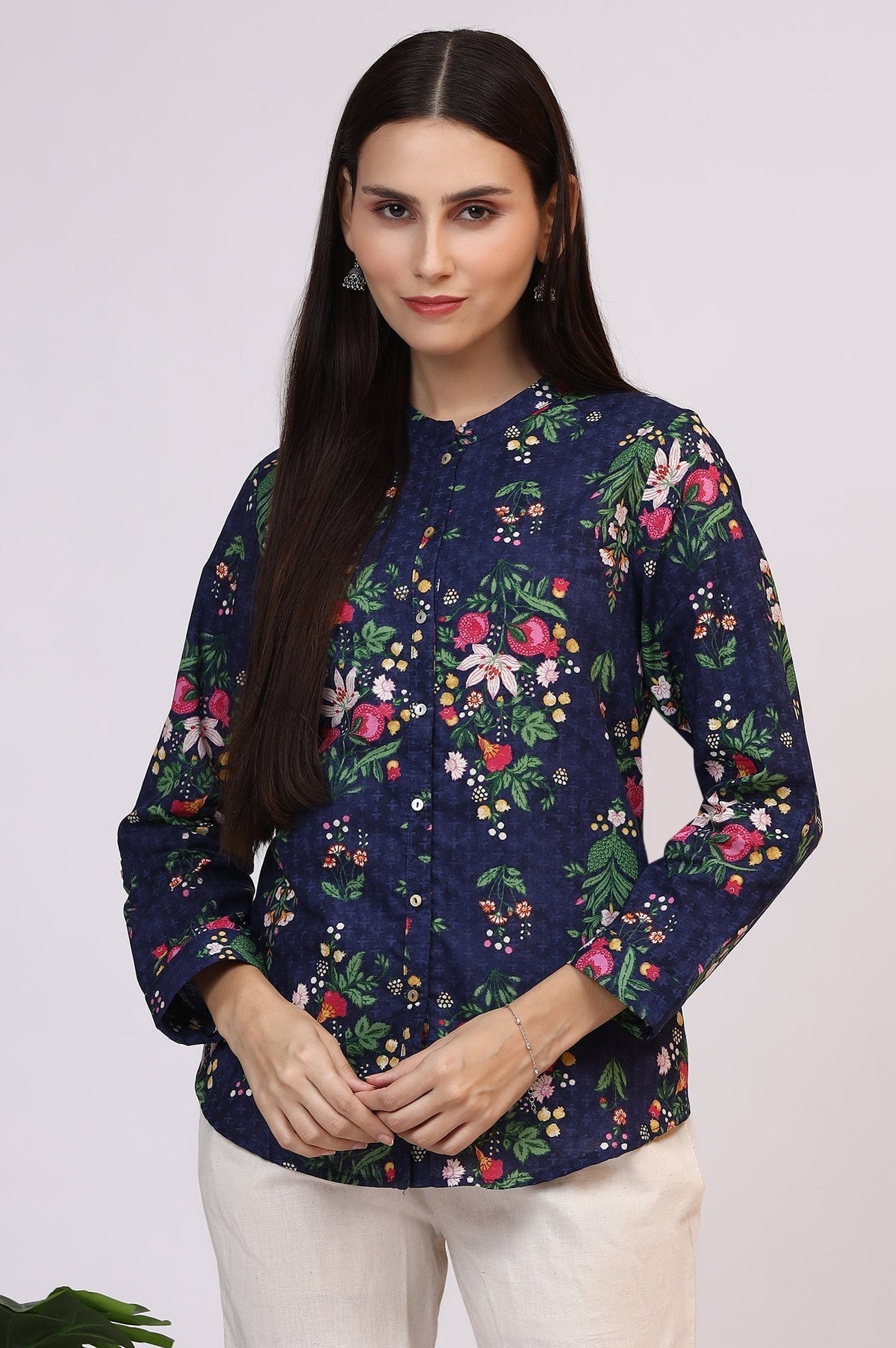 W for Woman Navy Blue Floral Printed Pure Cotton Ethnic Shirt | Grocsy