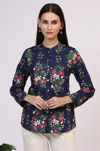 W for Woman Navy Blue Floral Printed Pure Cotton Ethnic Shirt | Grocsy