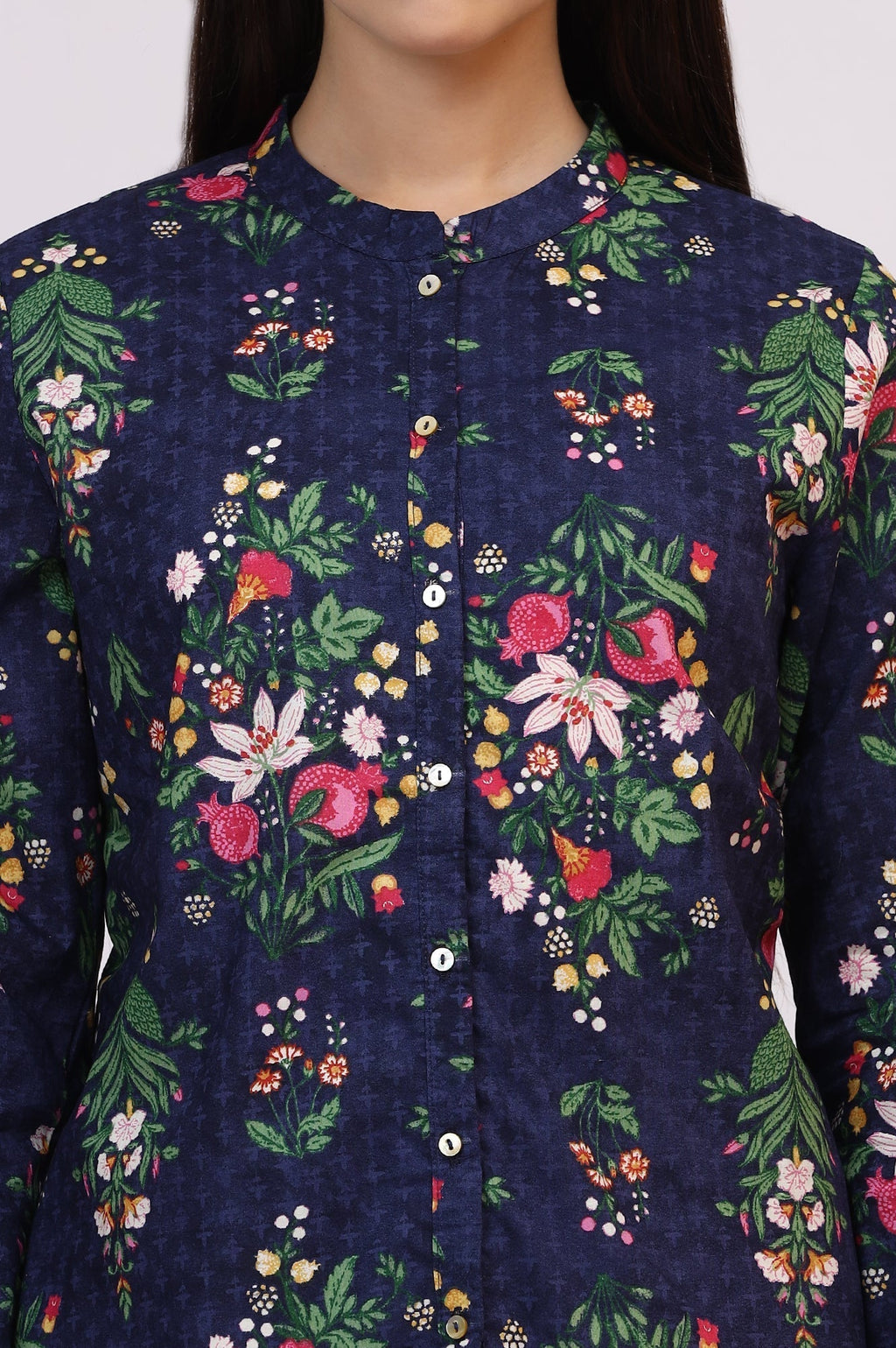 W for Woman Navy Blue Floral Printed Pure Cotton Ethnic Shirt | Grocsy