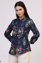 W for Woman Navy Blue Floral Printed Pure Cotton Ethnic Shirt | Grocsy