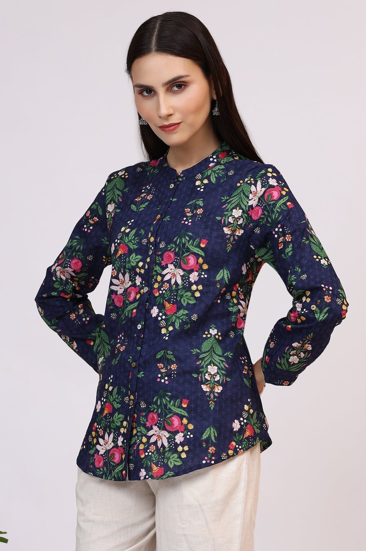 W for Woman Navy Blue Floral Printed Pure Cotton Ethnic Shirt | Grocsy