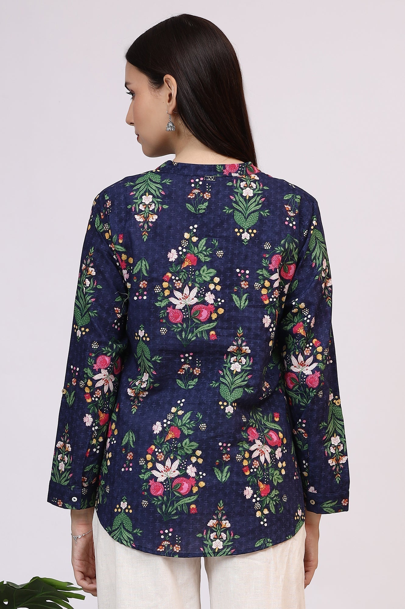 W for Woman Navy Blue Floral Printed Pure Cotton Ethnic Shirt | Grocsy