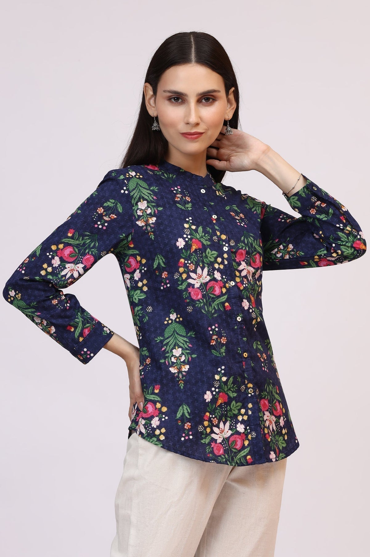 W for Woman Navy Blue Floral Printed Pure Cotton Ethnic Shirt | Grocsy