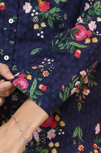 W for Woman Navy Blue Floral Printed Pure Cotton Ethnic Shirt | Grocsy
