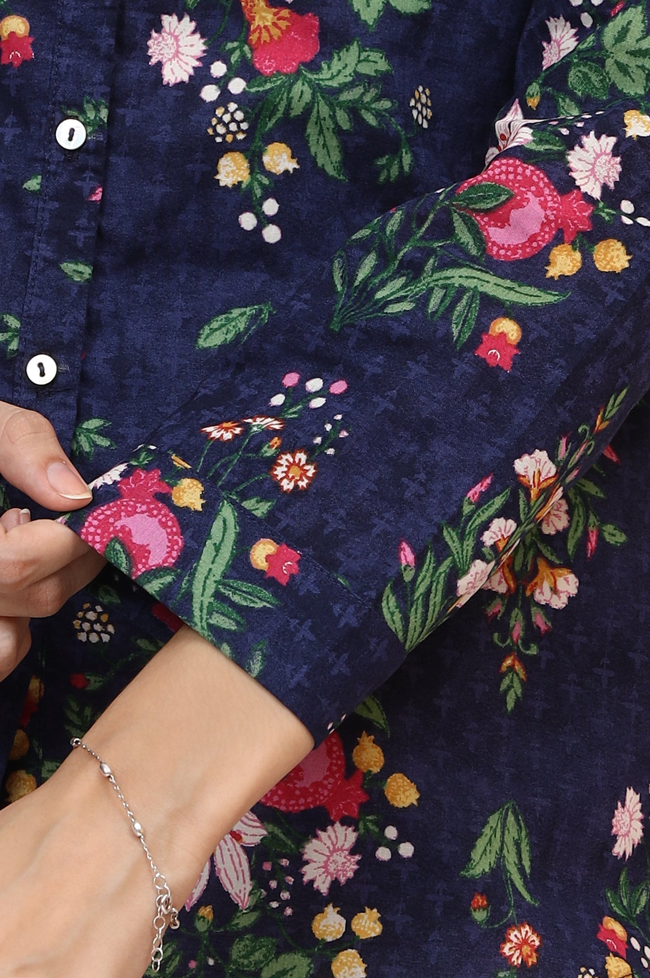 W for Woman Navy Blue Floral Printed Pure Cotton Ethnic Shirt | Grocsy