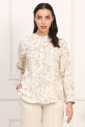 W for Woman White Floral Printed Dobby Mandarin Collar Top | Grocsy