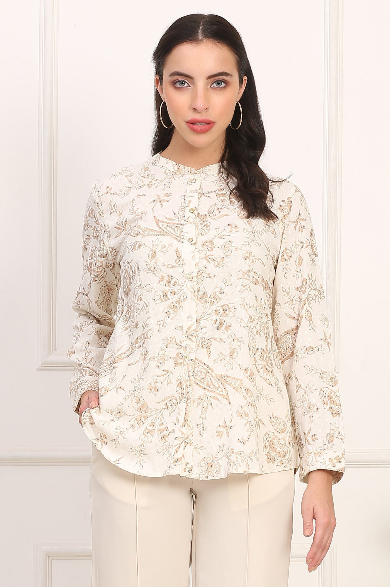 W for Woman White Floral Printed Dobby Mandarin Collar Top | Grocsy