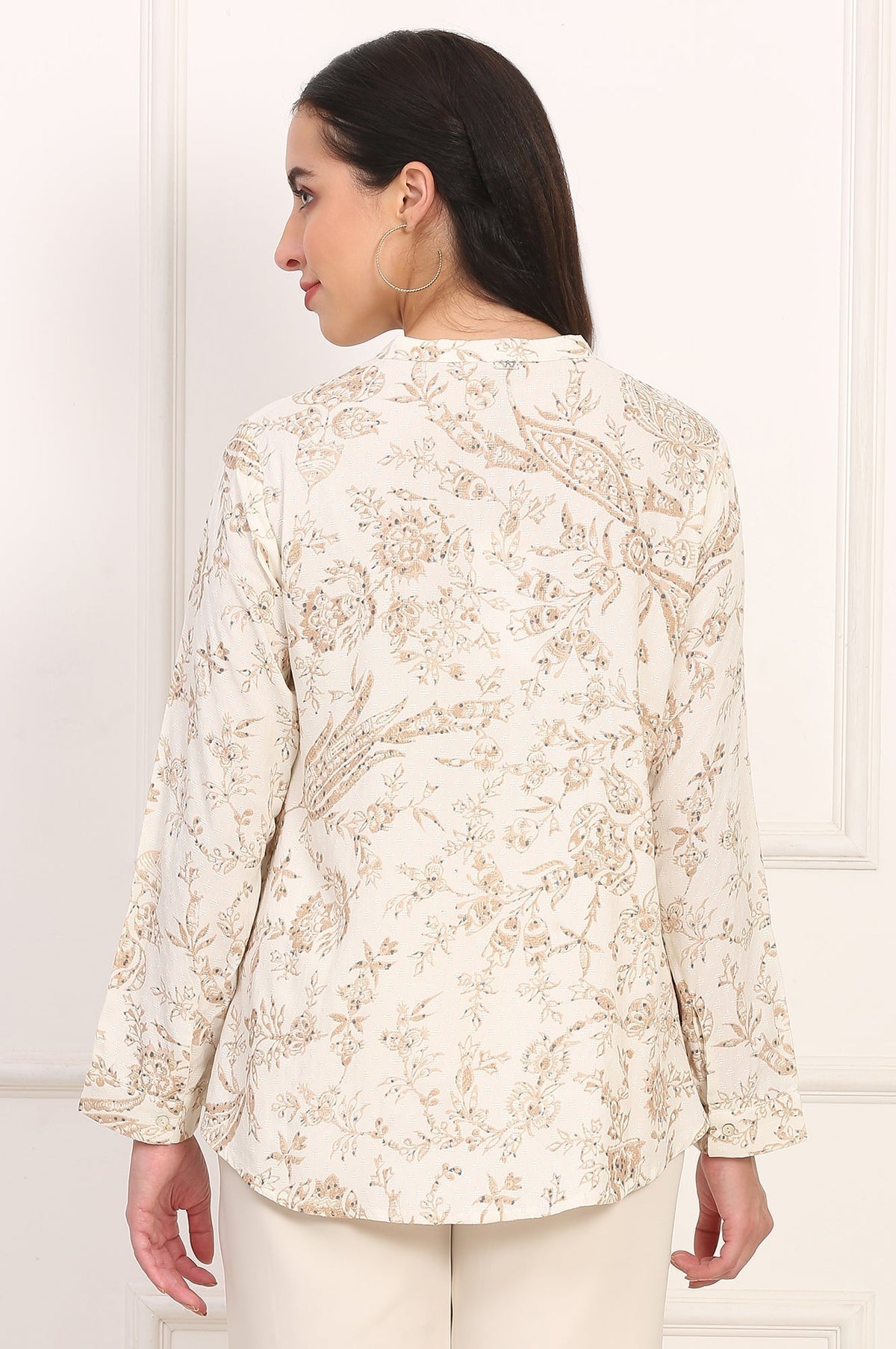 W for Woman White Floral Printed Dobby Mandarin Collar Top | Grocsy