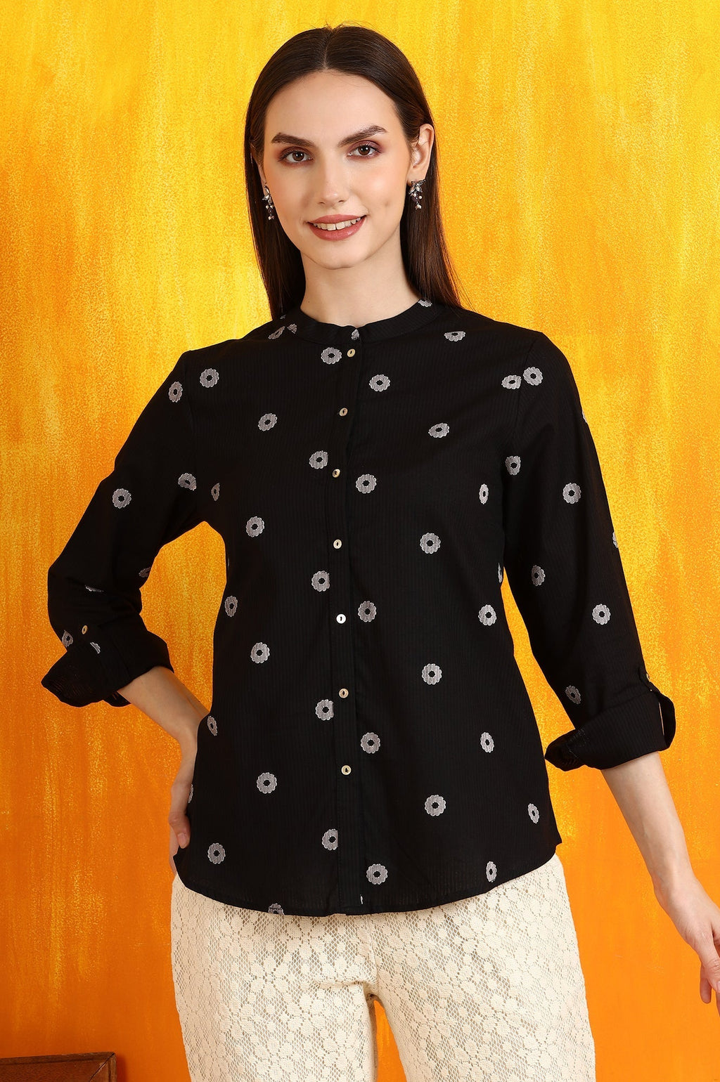 W for Woman Black Printed Pure Cotton Button Down Shirt | Grocsy