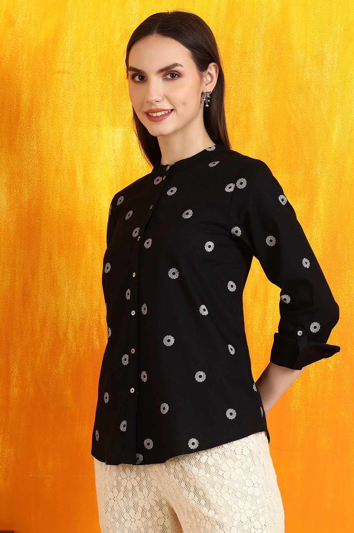W for Woman Black Printed Pure Cotton Button Down Shirt | Grocsy