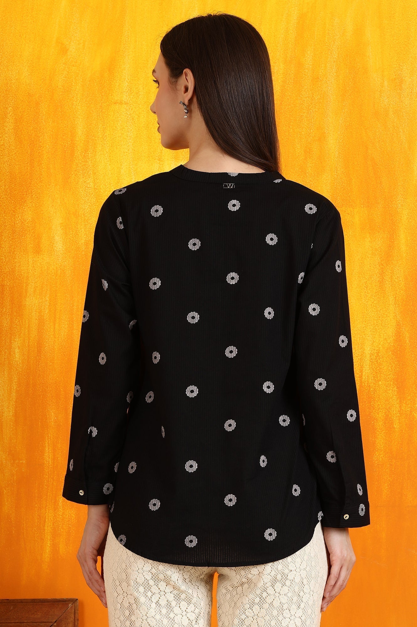 W for Woman Black Printed Pure Cotton Button Down Shirt | Grocsy