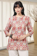 W for Woman Red Floral Printed Cotton Slub Short Kurti | Grocsy