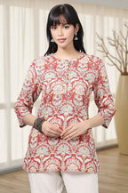 W for Woman Red Floral Printed Cotton Slub Short Kurti | Grocsy