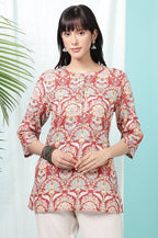 W for Woman Red Floral Printed Cotton Slub Short Kurti | Grocsy