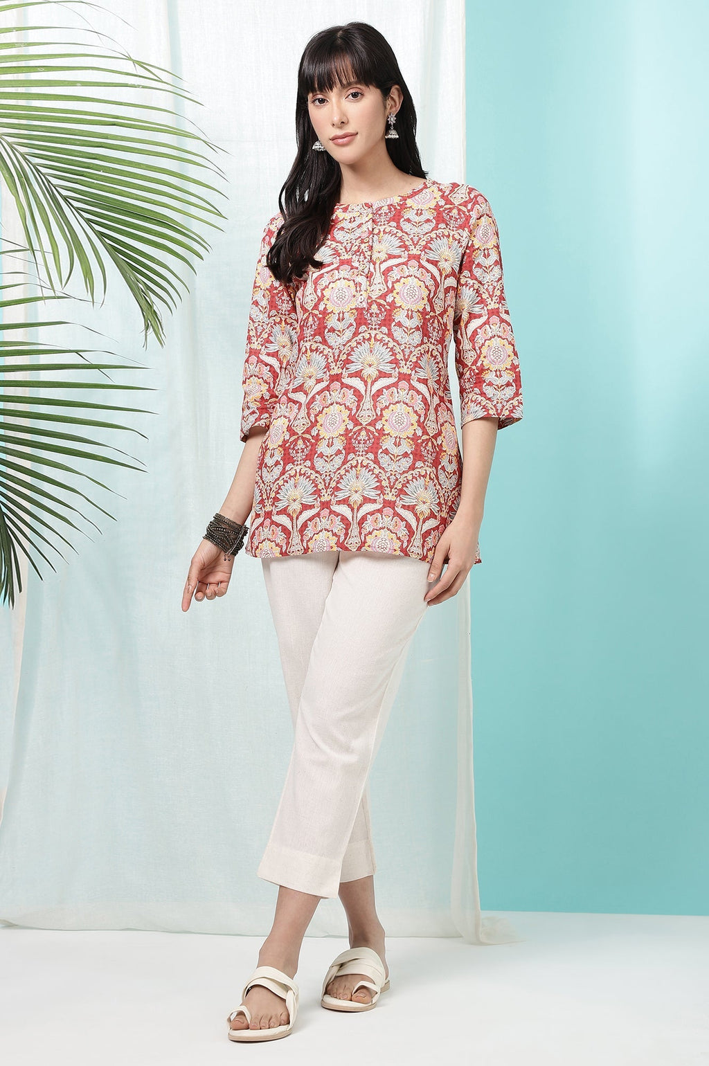 W for Woman Red Floral Printed Cotton Slub Short Kurti | Grocsy