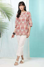 W for Woman Red Floral Printed Cotton Slub Short Kurti | Grocsy