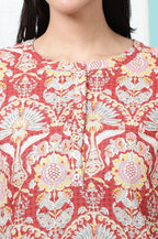 W for Woman Red Floral Printed Cotton Slub Short Kurti | Grocsy