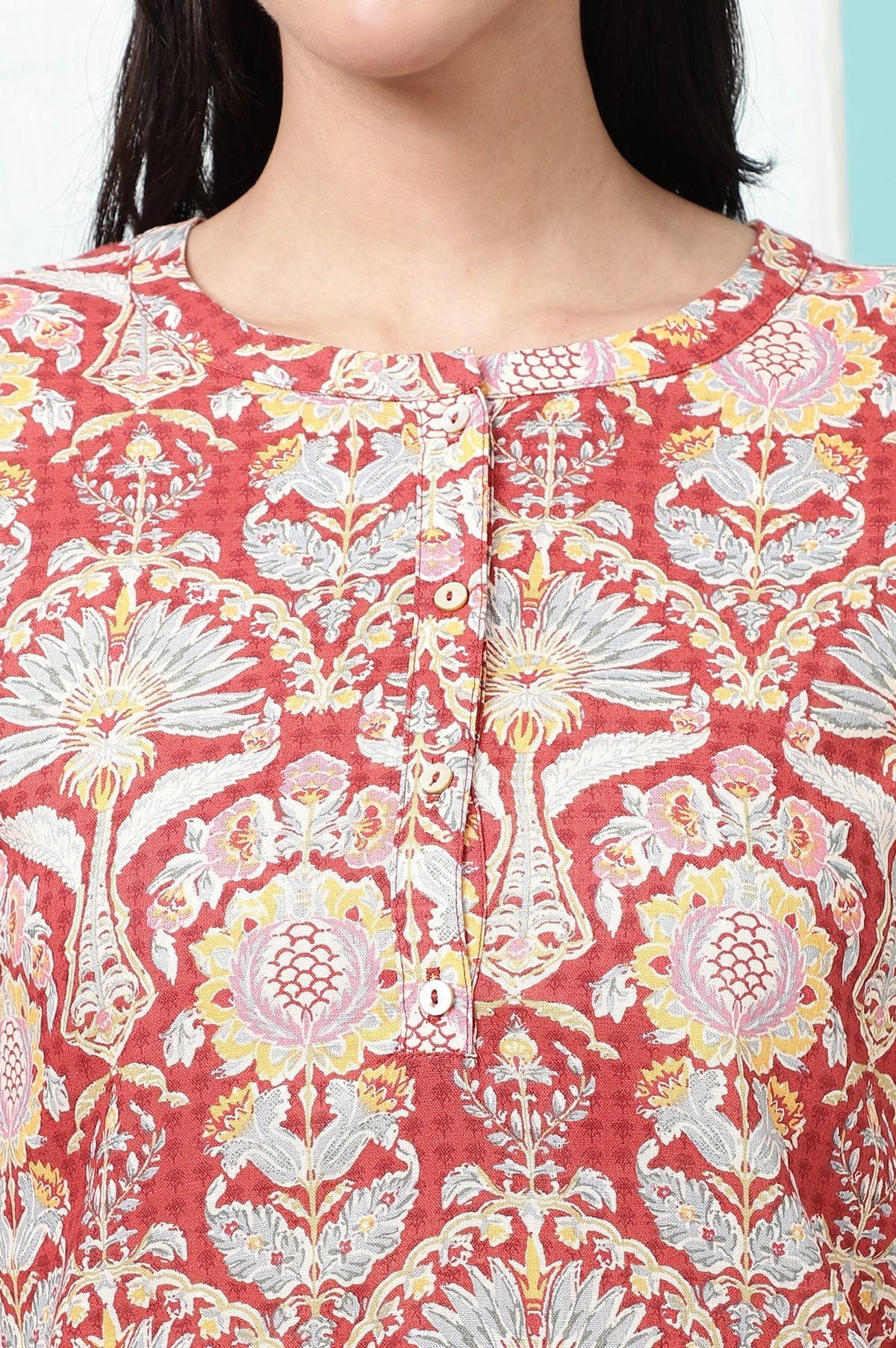 W for Woman Red Floral Printed Cotton Slub Short Kurti | Grocsy