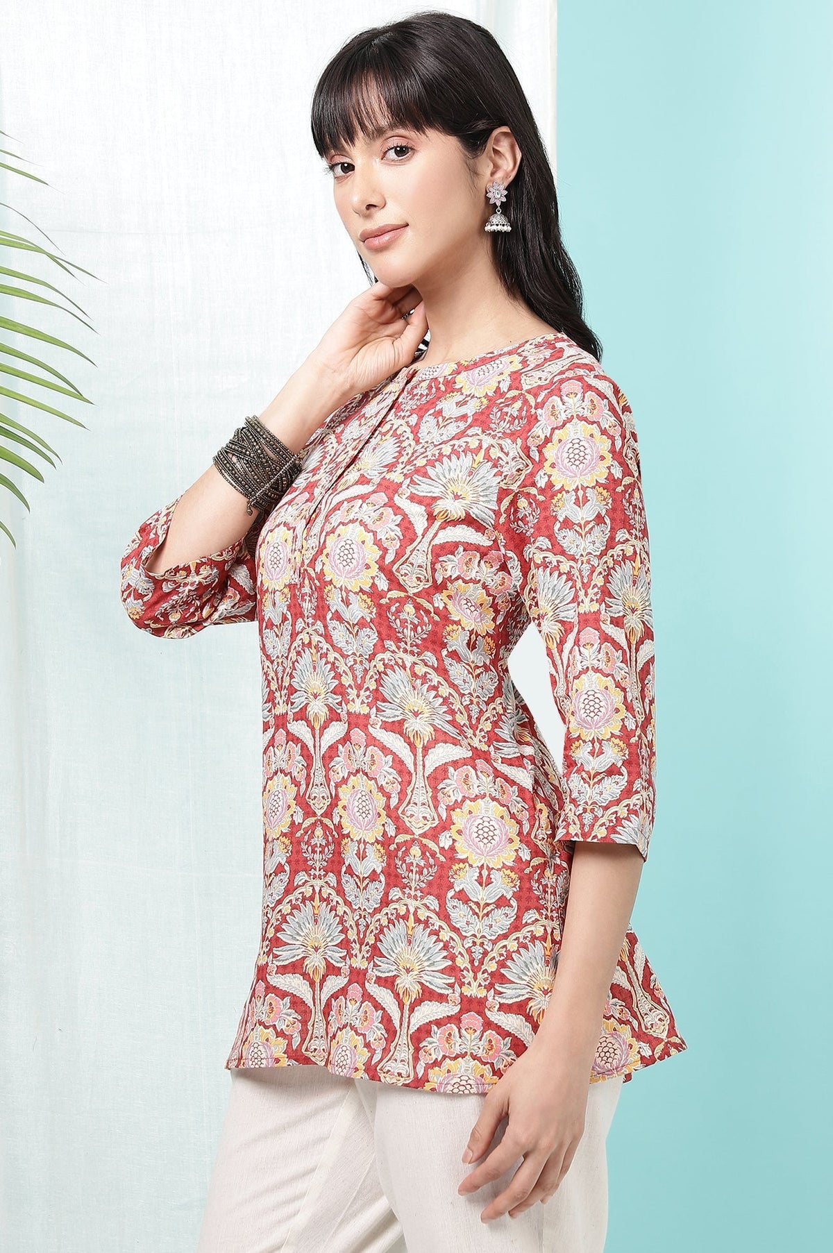 W for Woman Red Floral Printed Cotton Slub Short Kurti | Grocsy