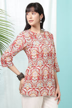 W for Woman Red Floral Printed Cotton Slub Short Kurti | Grocsy