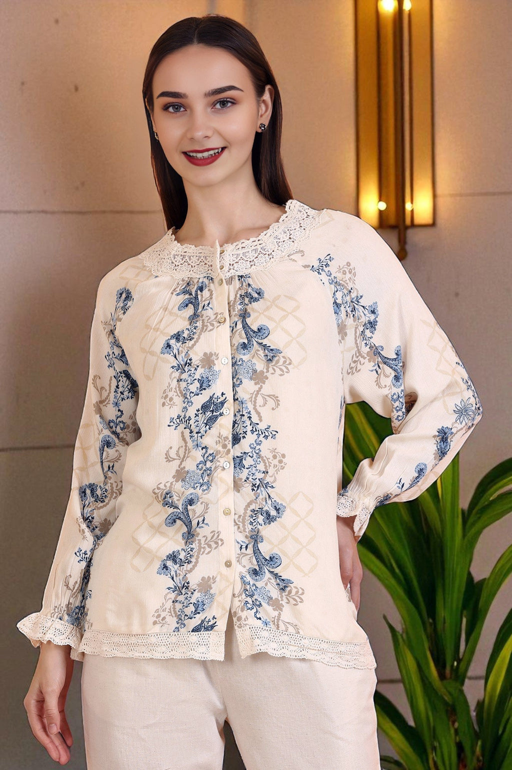 W for Woman Off-White Floral Printed Rayon Crepe Top with Lace | Grocsy