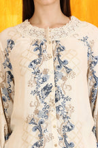 W for Woman Off-White Floral Printed Rayon Crepe Top with Lace | Grocsy