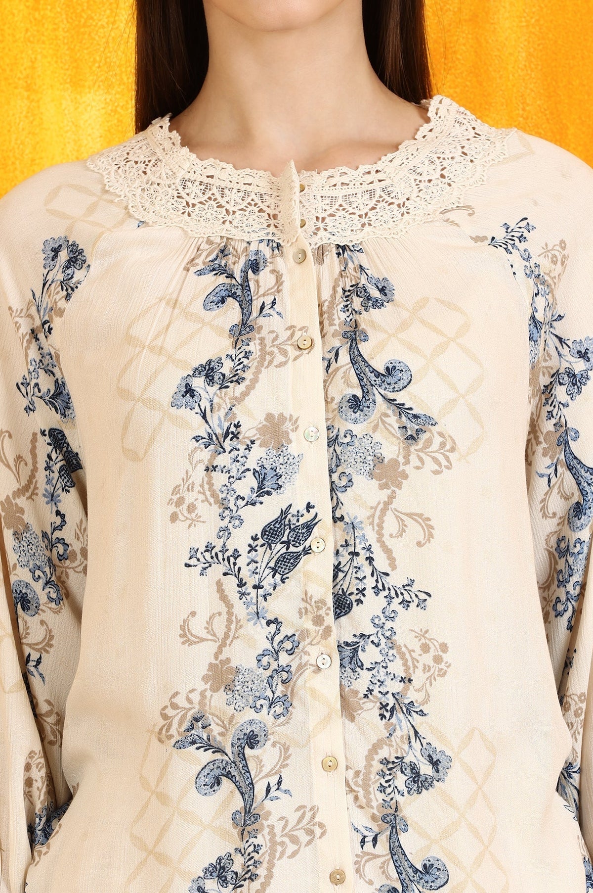 W for Woman Off-White Floral Printed Rayon Crepe Top with Lace | Grocsy